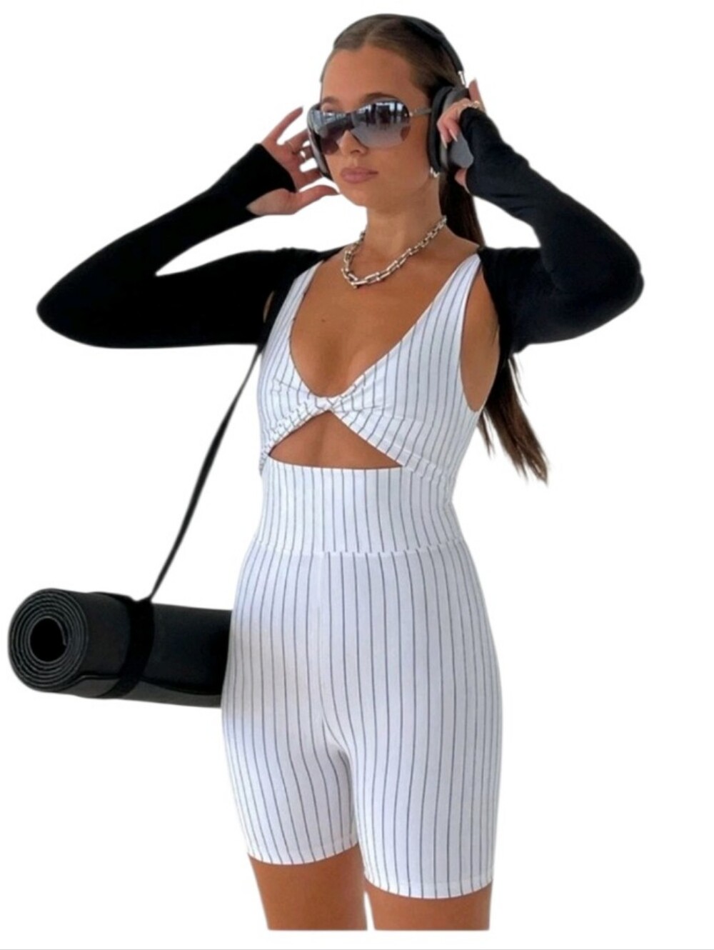 WEWOREWHAT White & Black Pinstripe Twist Cutout Shorts Bodysuit Size Medium